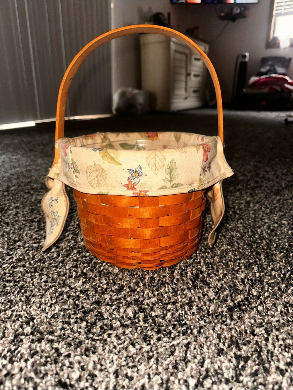 longaberger medium sized bucket basket with garden themed fabric liner